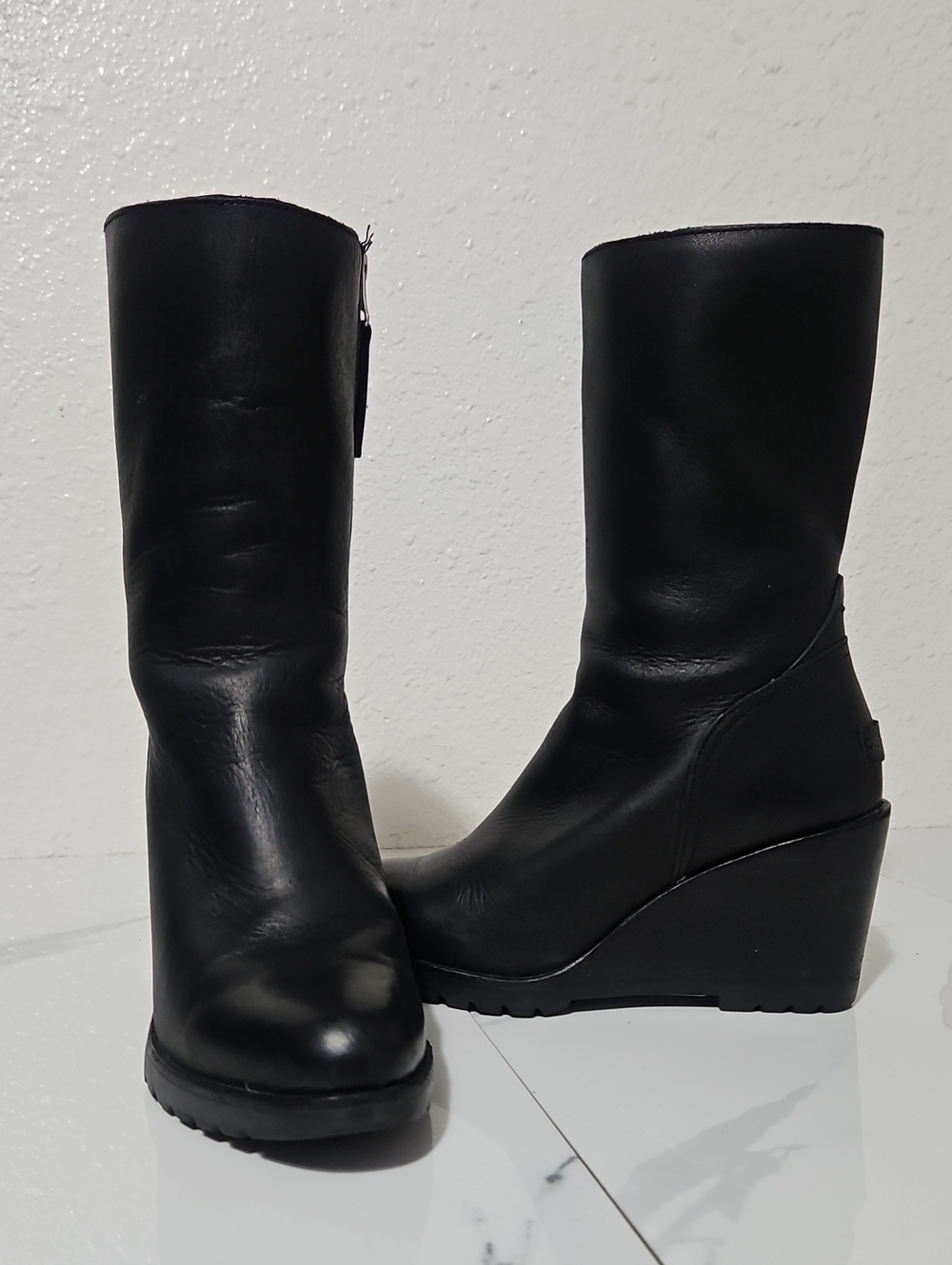 Sorel Black Leather Wedge Boots Women’s 7 Moto Zip Lug Sole